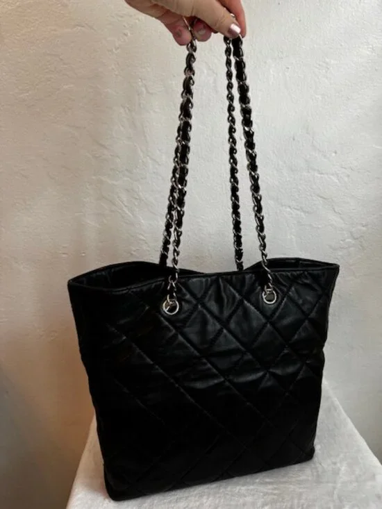 Vintage Chanel Quilted Black Leather Chain Tote Large Shoulder Bag Authentic - Picture 2 of 9